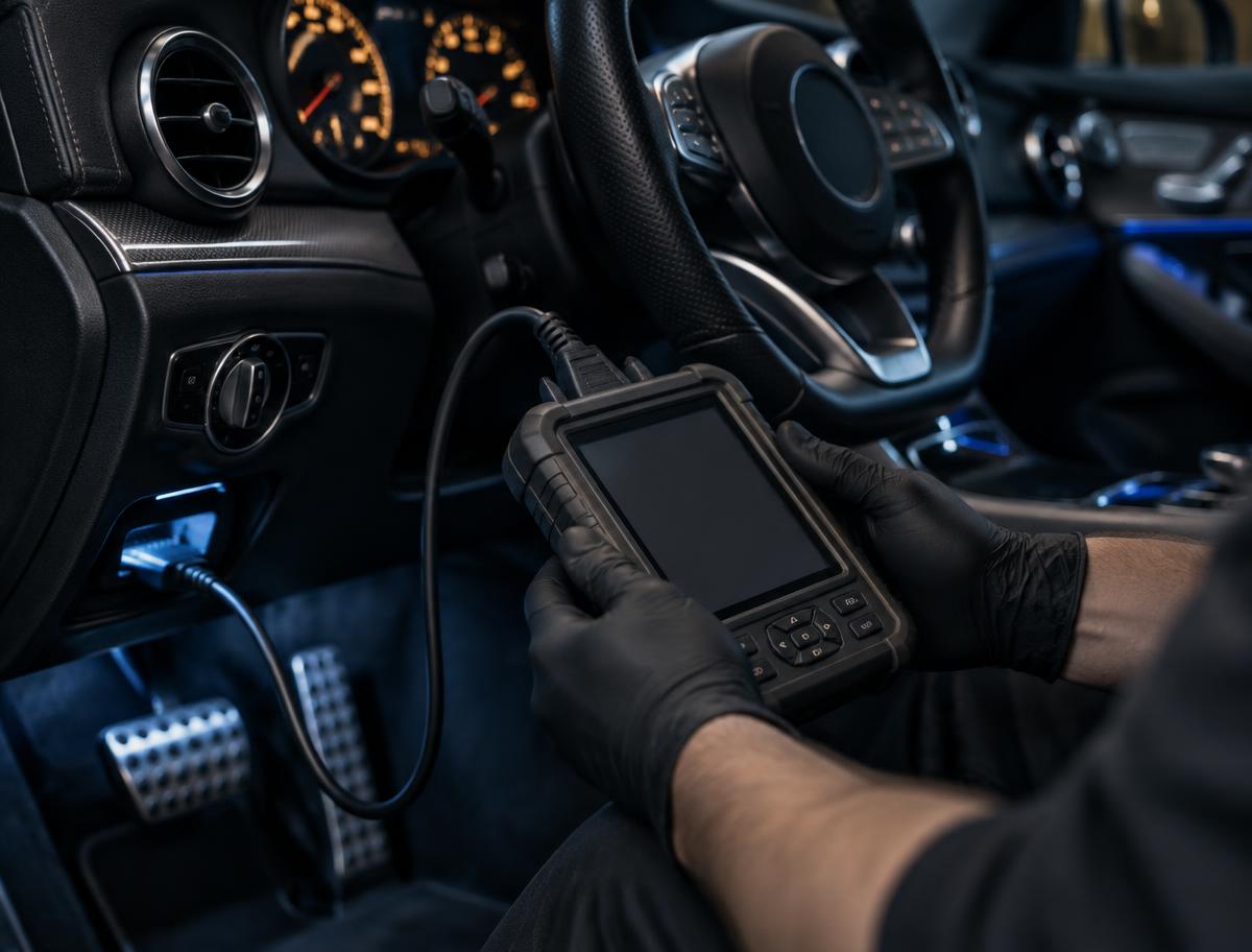 A technician's gloved hands holding a diagnostic scan tool at a Mercedes-Benz dashboard