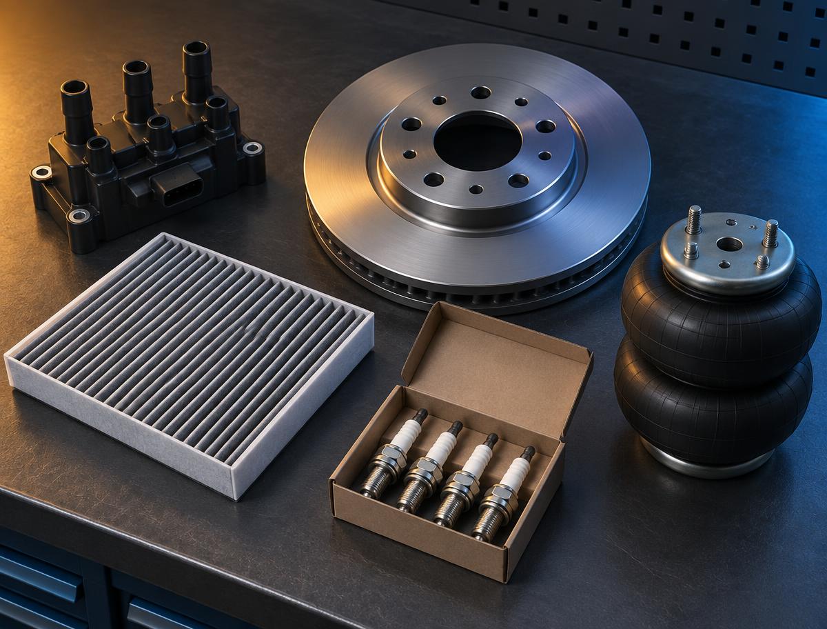 New automotive parts — a coil pack, brake rotor, cabin filter, spark plugs and an air-spring bellows — laid out on a dark workbench